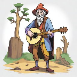 This is a high-quality, claymation-style illustration of a zany and humorous bard, who looks like a homeless vagrant from a fantasy Dungeons and Dragons setting