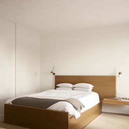 A minimalist bedroom featuring elegant wooden furniture against pristine white walls, bathed in soft, natural light.