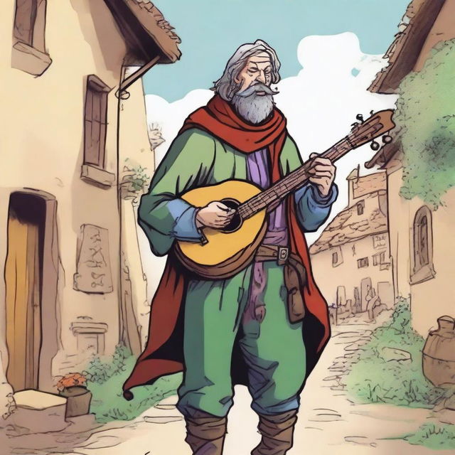 A high-quality comic book-style illustration of a tall, zany, and funny bard, who resembles a homeless vagrant from a fantasy Dungeons and Dragons setting