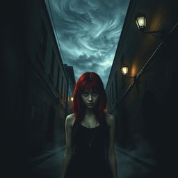A chilling and atmospheric scene featuring a sinister alleyway where a young woman with striking crimson hair stands in isolation