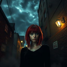 A chilling and atmospheric scene featuring a sinister alleyway where a young woman with striking crimson hair stands in isolation