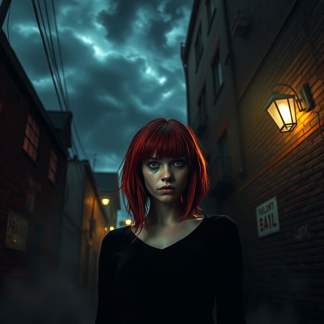 A chilling and atmospheric scene featuring a sinister alleyway where a young woman with striking crimson hair stands in isolation