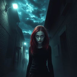 A chilling and atmospheric scene featuring a sinister alleyway where a young woman with striking crimson hair stands in isolation