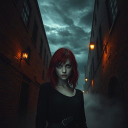 A chilling and atmospheric scene featuring a sinister alleyway where a young woman with striking crimson hair stands in isolation