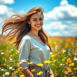 A beautiful young woman with long, flowing brown hair, wearing a stylish outfit, standing in a sunlit meadow filled with colorful wildflowers