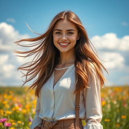 A beautiful young woman with long, flowing brown hair, wearing a stylish outfit, standing in a sunlit meadow filled with colorful wildflowers