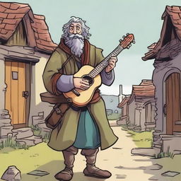 A high-quality comic book-style illustration of a tall, zany, and funny bard, who resembles a homeless vagrant from a fantasy Dungeons and Dragons setting