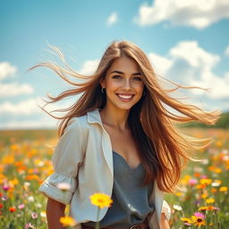 A beautiful young woman with long, flowing brown hair, wearing a stylish outfit, standing in a sunlit meadow filled with colorful wildflowers