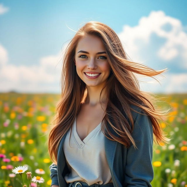 A beautiful young woman with long, flowing brown hair, wearing a stylish outfit, standing in a sunlit meadow filled with colorful wildflowers