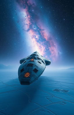A colossal spaceship hovering majestically over a vast frozen plain, with intricate details on its metallic surface, showcasing advanced technology