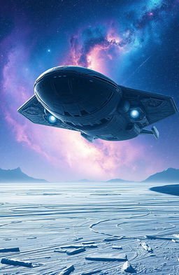 A colossal spaceship hovering majestically over a vast frozen plain, with intricate details on its metallic surface, showcasing advanced technology