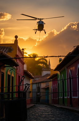 A dramatic scene set in Pelourinho, Bahia, featuring vibrant colonial architecture with colorful facades