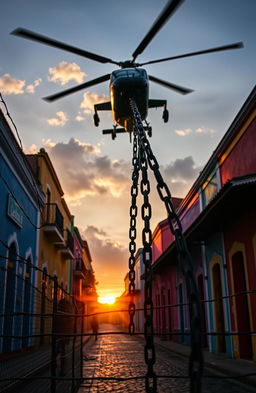 A dramatic scene set in Pelourinho, Bahia, featuring vibrant colonial architecture with colorful facades