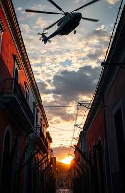 A dramatic scene set in Pelourinho, Bahia, featuring vibrant colonial architecture with colorful facades