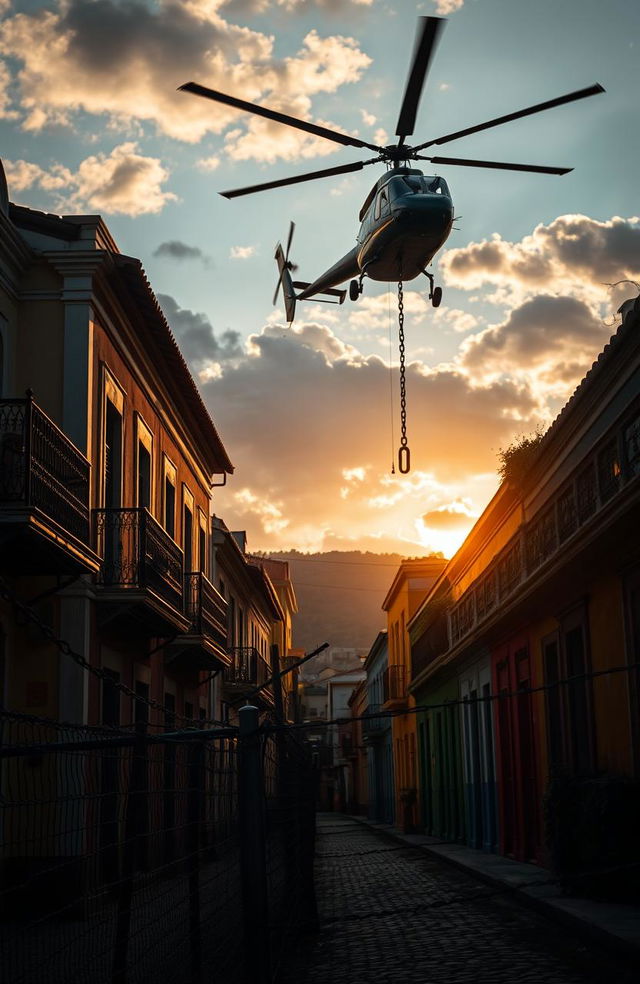 A dramatic scene set in Pelourinho, Bahia, featuring vibrant colonial architecture with colorful facades