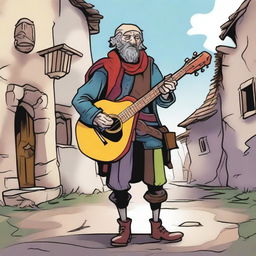 A high-quality comic book-style illustration of a tall, zany, and funny bard, who resembles a homeless vagrant from a fantasy Dungeons and Dragons setting