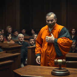 A dramatic courtroom scene depicting a terrifying prisoner dressed in an orange jumpsuit, eyes wild with intensity, as he holds a terrified judge hostage