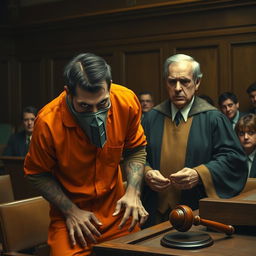 A dramatic courtroom scene depicting a terrifying prisoner dressed in an orange jumpsuit, eyes wild with intensity, as he holds a terrified judge hostage