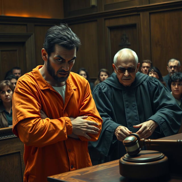 A dramatic courtroom scene depicting a terrifying prisoner dressed in an orange jumpsuit, eyes wild with intensity, as he holds a terrified judge hostage