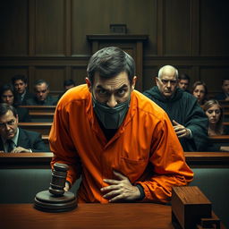 A dramatic courtroom scene depicting a terrifying prisoner dressed in an orange jumpsuit, eyes wild with intensity, as he holds a terrified judge hostage