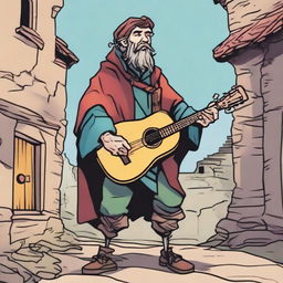 A high-quality comic book-style illustration of a tall, zany, and funny bard, who resembles a homeless vagrant from a fantasy Dungeons and Dragons setting