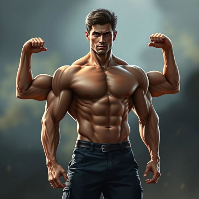 A realistic depiction of a muscular, shirtless male standing confidently, showcasing his impressive physique