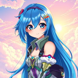 A stunning digital art portrait of a blue-haired anime girl, showcasing vibrant shades of blue in her long, flowing hair