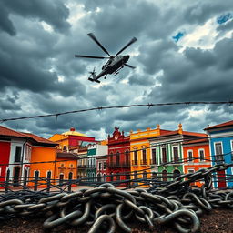 A striking image of Pelourinho, Bahia, showcasing its iconic colonial architecture with colorful buildings under a dramatic sky