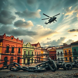 A striking image of Pelourinho, Bahia, showcasing its iconic colonial architecture with colorful buildings under a dramatic sky