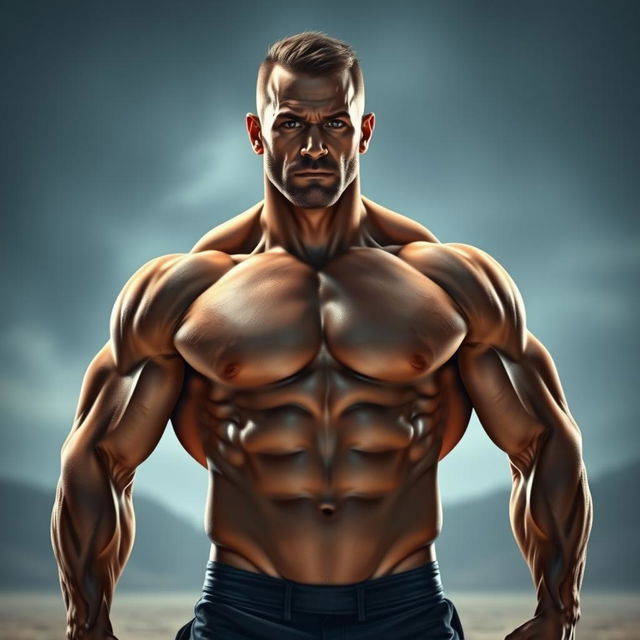 A realistic depiction of a muscular, shirtless male with an extraordinary physique, featuring an extra set of arms that originate from under the sides of his chest