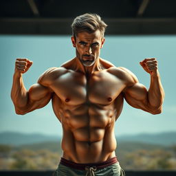A realistic depiction of a muscular, shirtless male with an extraordinary physique, featuring an extra set of arms that originate from under the sides of his chest
