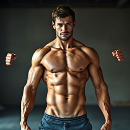 A realistic depiction of a muscular, shirtless male with an extraordinary physique, featuring an extra set of arms that originate from under the sides of his chest
