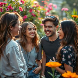 A scene depicting an intimate moment among a group of young adults in a lush, vibrant setting with soft lighting