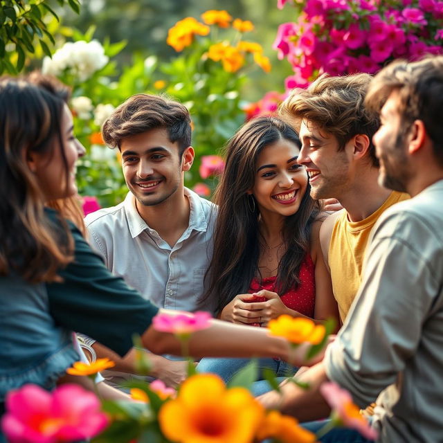 A scene depicting an intimate moment among a group of young adults in a lush, vibrant setting with soft lighting