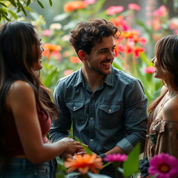 A scene depicting an intimate moment among a group of young adults in a lush, vibrant setting with soft lighting