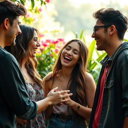 A scene depicting an intimate moment among a group of young adults in a lush, vibrant setting with soft lighting