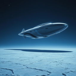 A massive, futuristic spaceship hovering majestically above an expansive frozen plain
