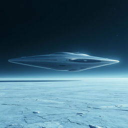 A massive, futuristic spaceship hovering majestically above an expansive frozen plain