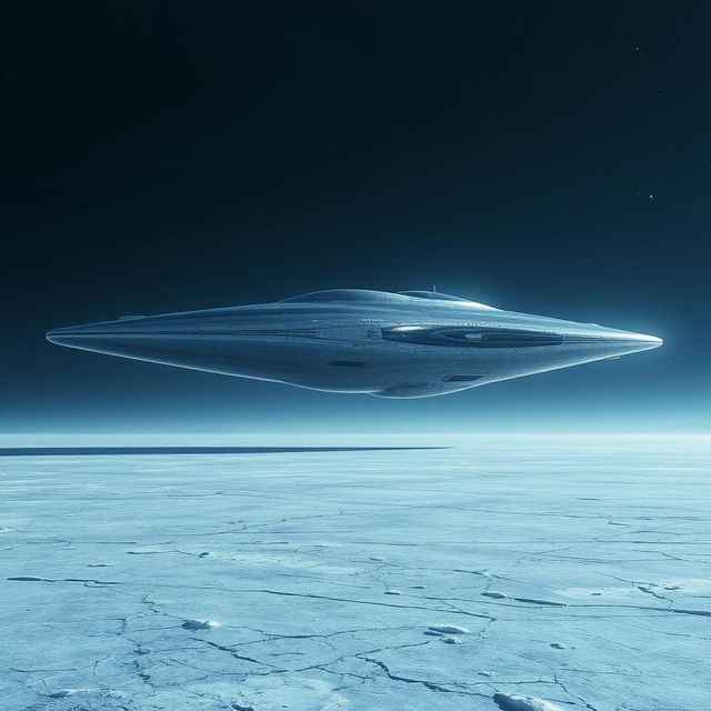 A massive, futuristic spaceship hovering majestically above an expansive frozen plain