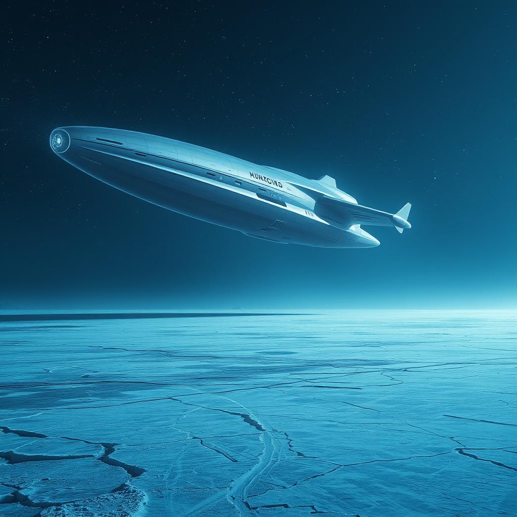 A massive, futuristic spaceship hovering majestically above an expansive frozen plain