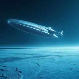 A massive, futuristic spaceship hovering majestically above an expansive frozen plain