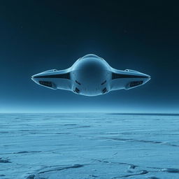 A massive, futuristic spaceship hovering majestically above an expansive frozen plain