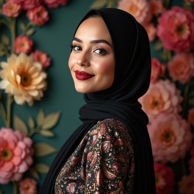 A captivating fashion portrait of a woman wearing a stylish, form-fitting hijab that accentuates her features beautifully