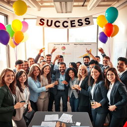 A vibrant and optimistic office scene depicting a diverse group of business professionals celebrating the successful achievement of a major project milestone