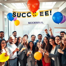 A vibrant and optimistic office scene depicting a diverse group of business professionals celebrating the successful achievement of a major project milestone