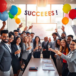 A vibrant and optimistic office scene depicting a diverse group of business professionals celebrating the successful achievement of a major project milestone