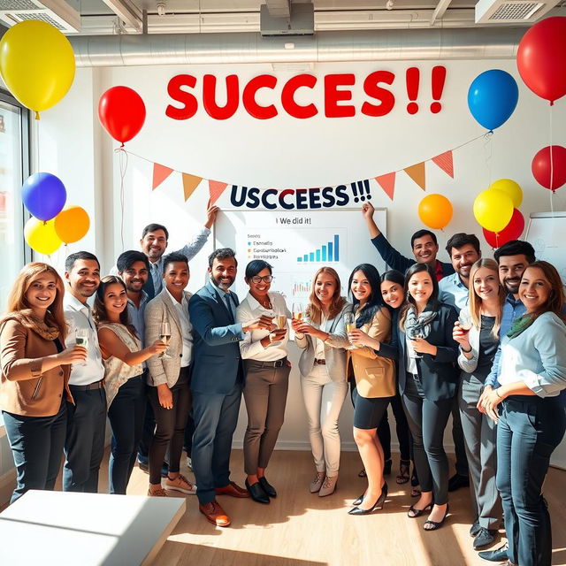 A vibrant and optimistic office scene depicting a diverse group of business professionals celebrating the successful achievement of a major project milestone