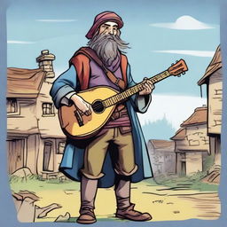 A high-quality comic book-style illustration of a tall, zany, and funny bard, who resembles a homeless vagrant from a fantasy Dungeons and Dragons setting