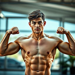 A realistic portrayal of a young, muscular, shirtless male with four functional arms