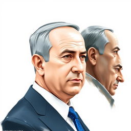 A creative depiction of Benjamin Netanyahu combining sketch technique and oil paint, showcasing him from three different angles: a detailed profile, a frontal view, and a dynamic three-quarter view
